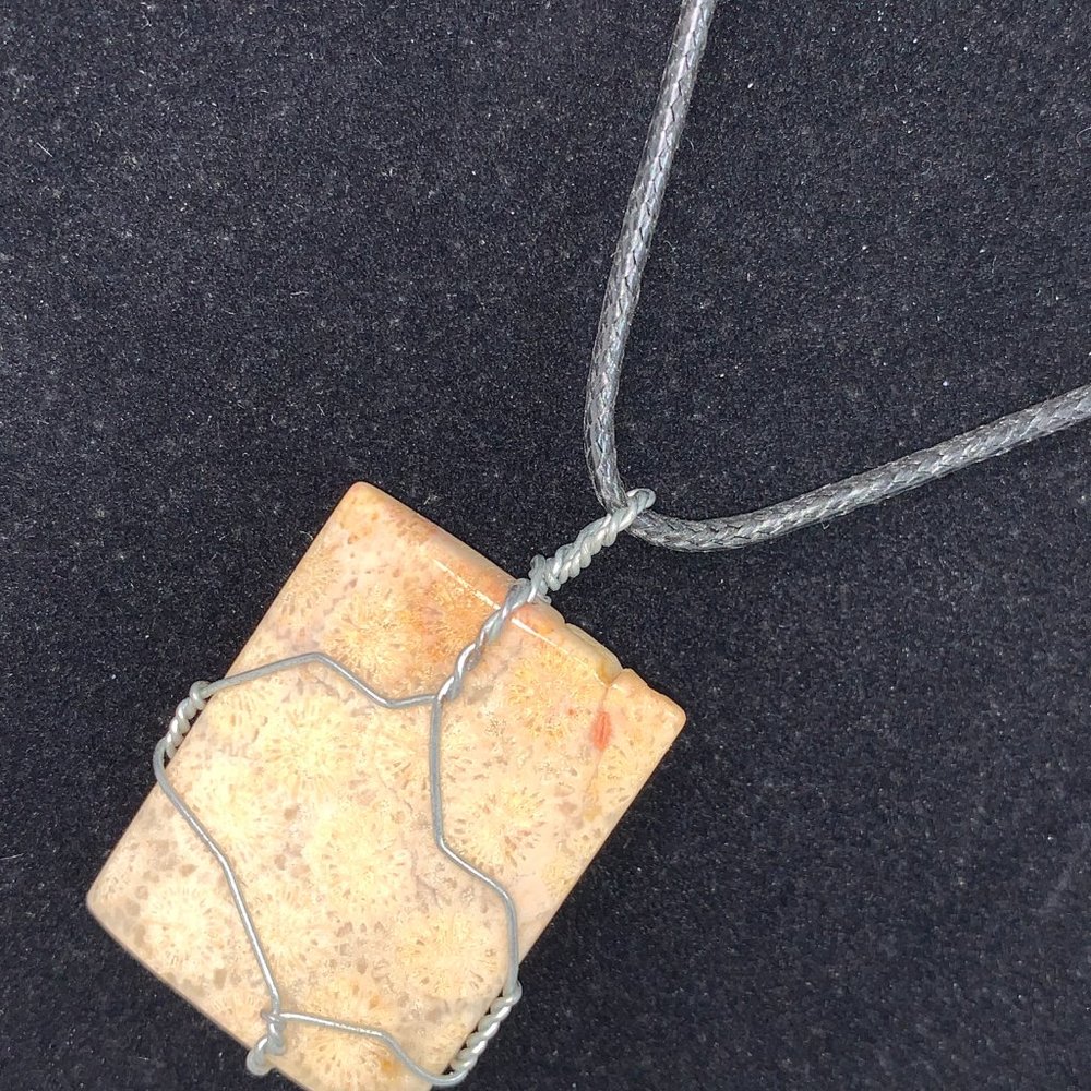 20" Braided Leather necklace with Wire wrapped Fossilized Coral Pendant - Picture 2 of 8